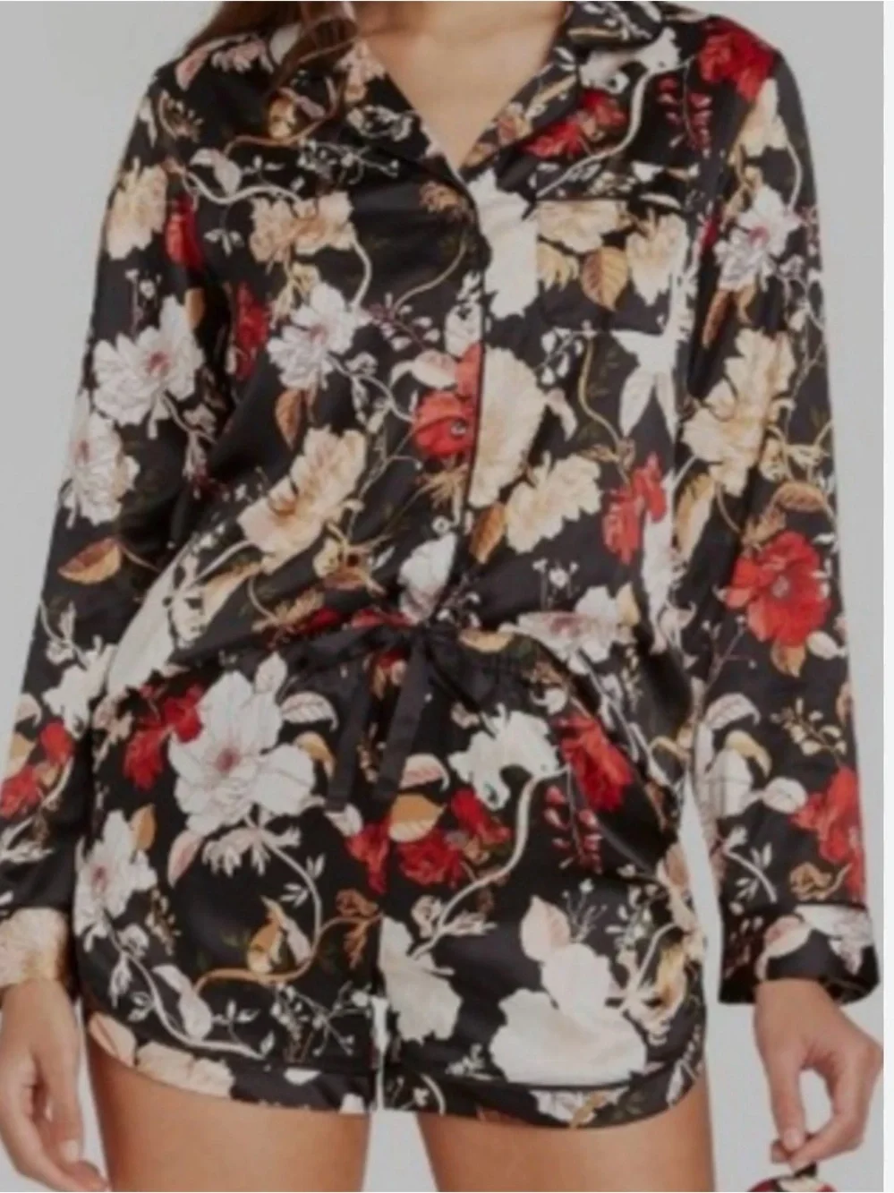 Floral Satin Pajama Set in Black - XS